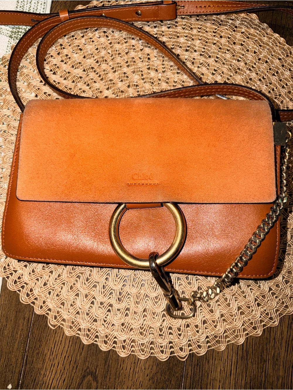 Chloé Faye Small Shoulder Bag-Cognac Leather & Suede